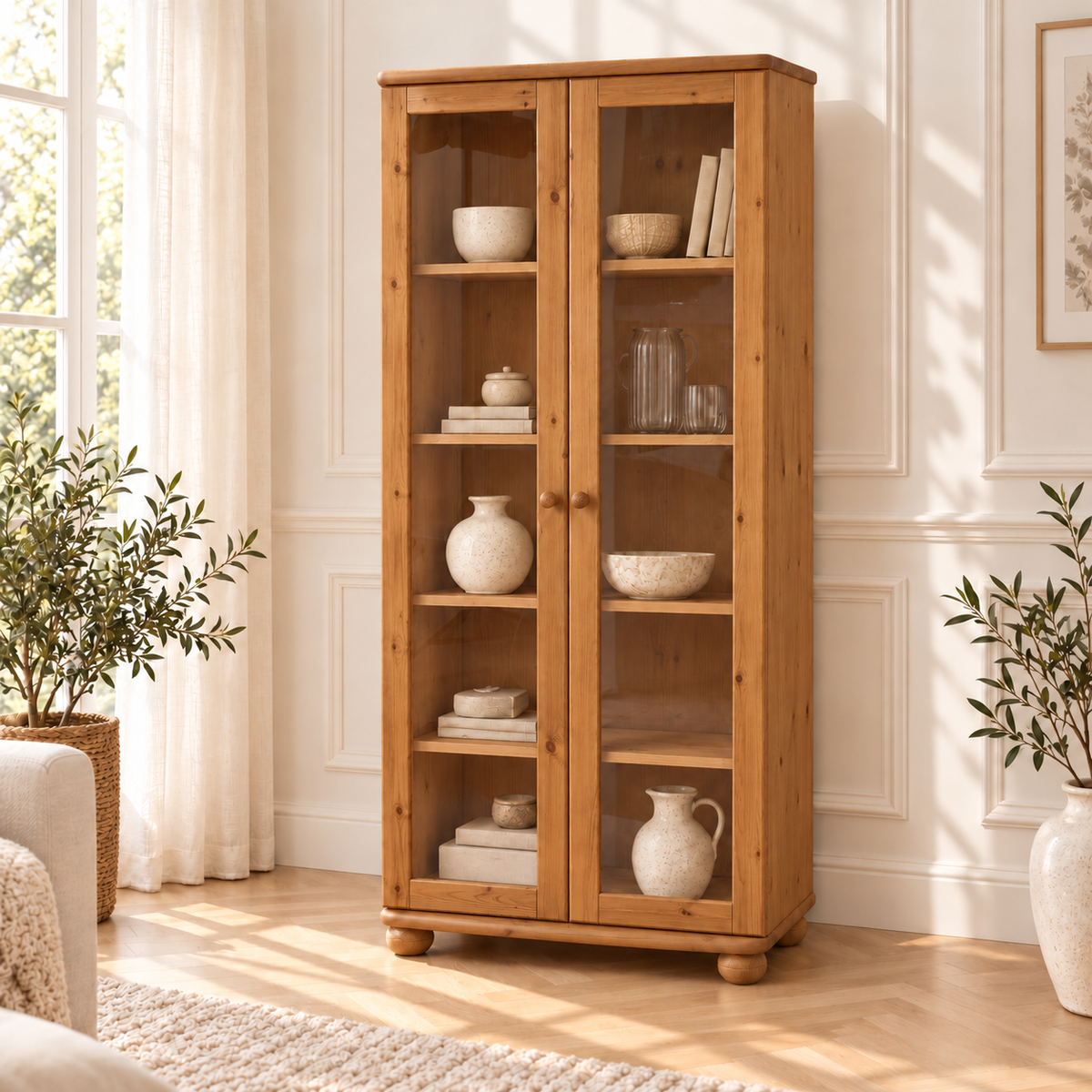 Claudia Vitrine Bio Kiefer Massivholz | 2-Türig mit 4 Regalen aus 100% natürlichem Holz