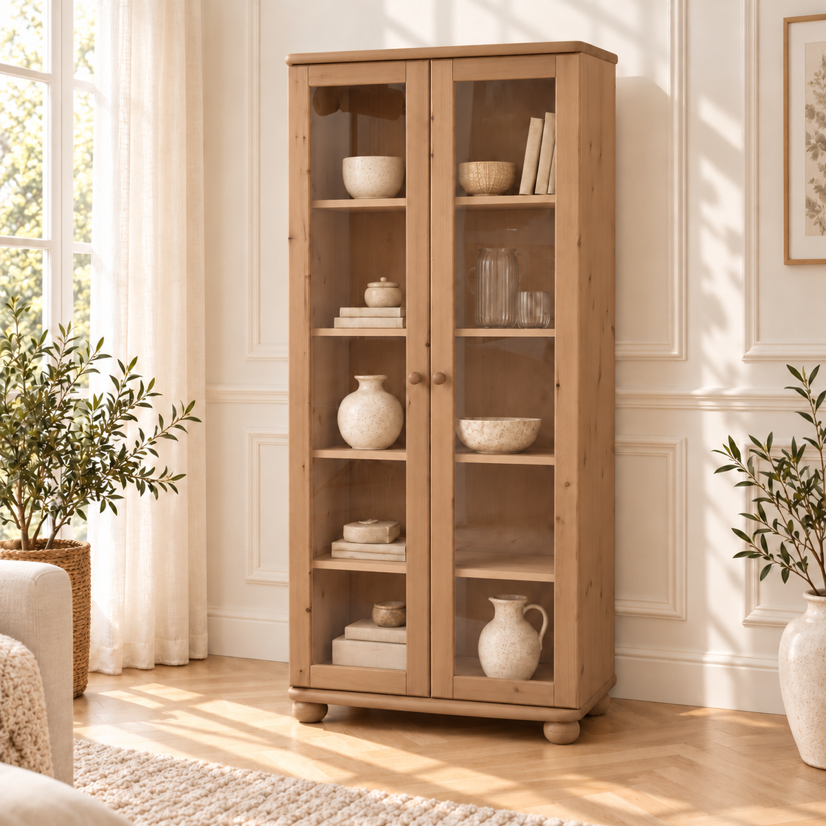 Claudia Vitrine Bio Kiefer Massivholz | 2-Türig mit 4 Regalen aus 100% natürlichem Holz