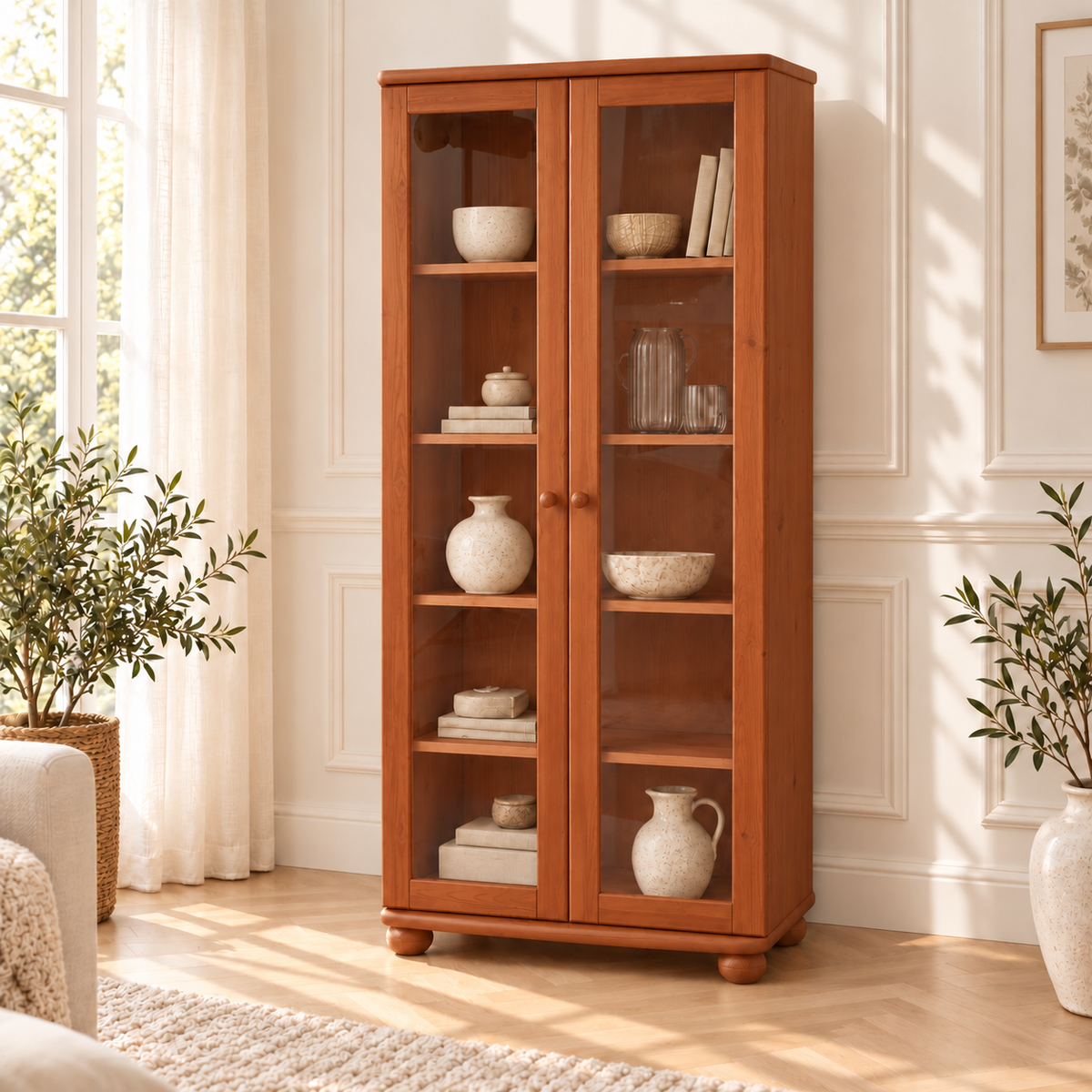 Claudia Vitrine Bio Kiefer Massivholz | 2-Türig mit 4 Regalen aus 100% natürlichem Holz