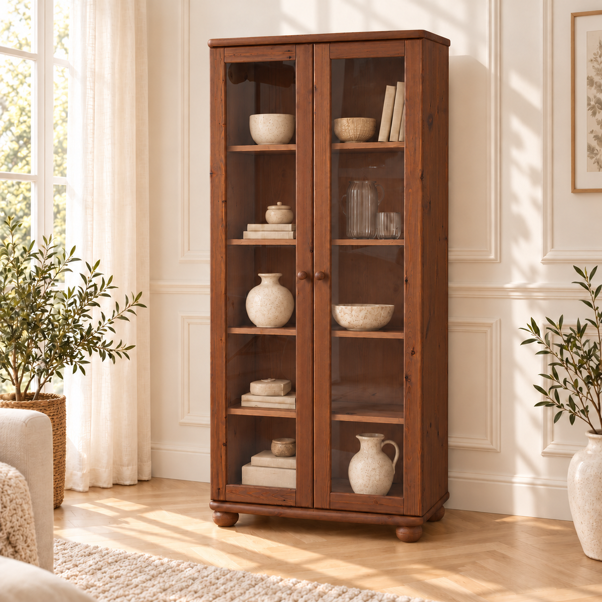 Claudia Vitrine Bio Kiefer Massivholz | 2-Türig mit 4 Regalen aus 100% natürlichem Holz