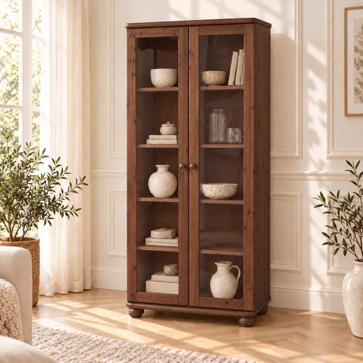 Claudia Vitrine Bio Kiefer Massivholz | 2-Türig mit 4 Regalen aus 100% natürlichem Holz