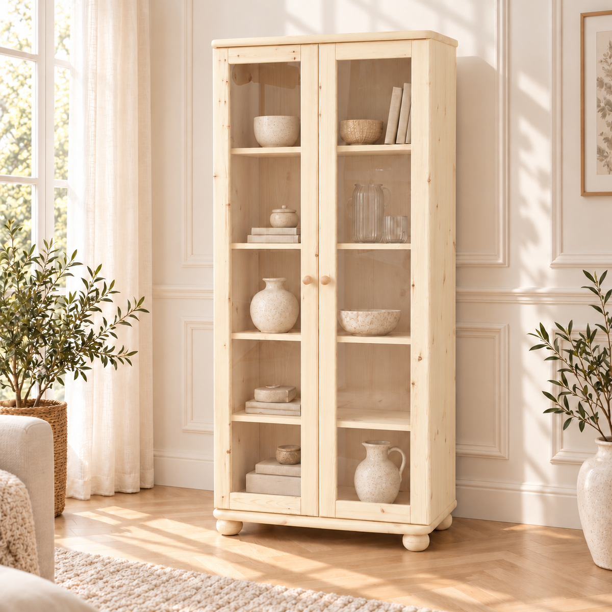 Claudia Vitrine Bio Kiefer Massivholz | 2-Türig mit 4 Regalen aus 100% natürlichem Holz