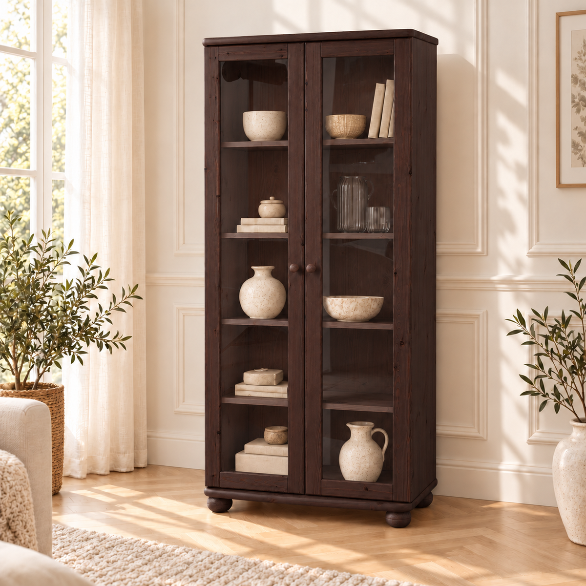 Claudia Vitrine Bio Kiefer Massivholz | 2-Türig mit 4 Regalen aus 100% natürlichem Holz