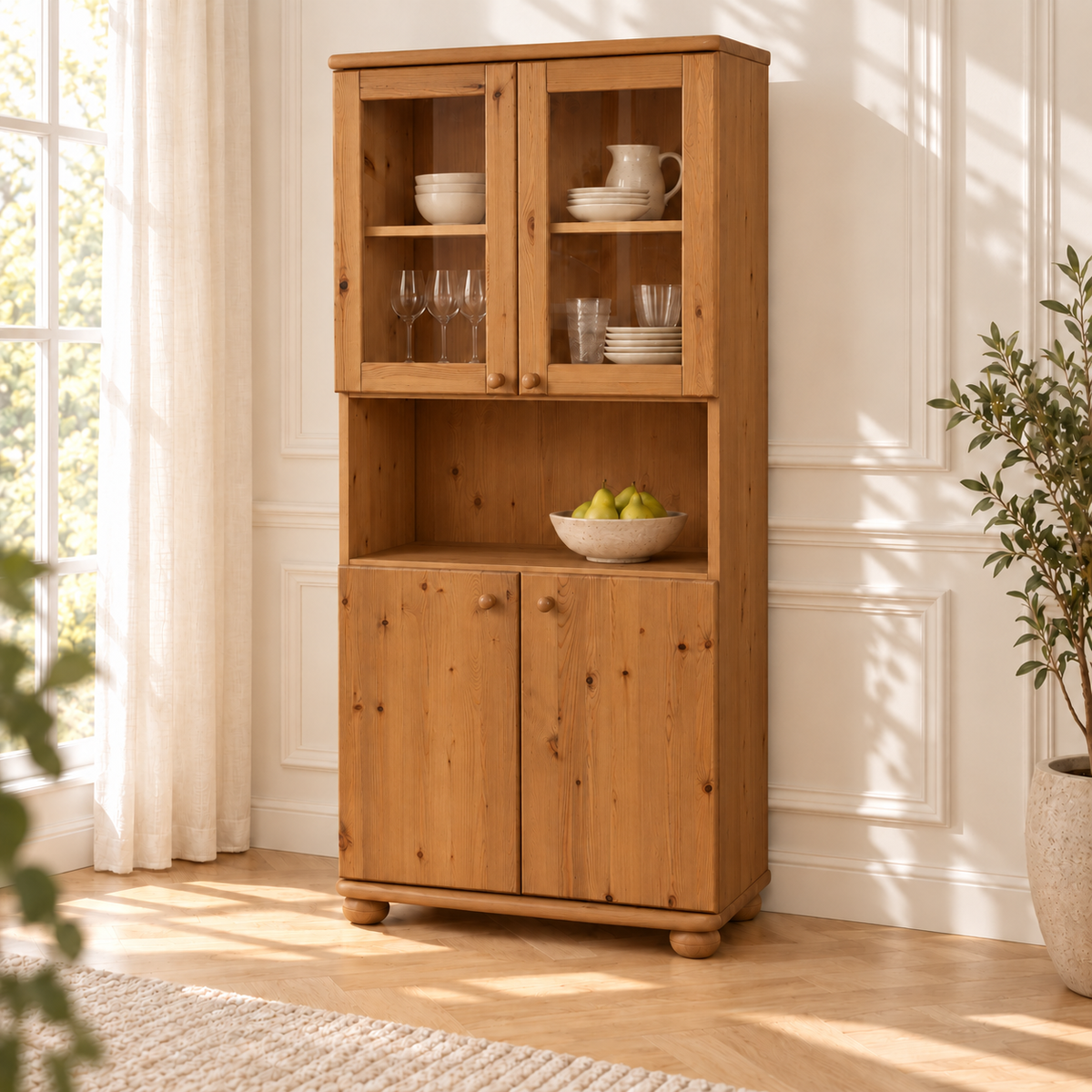 Claudia Buffetschrank Vitrine aus Kiefer massiv | 4-türig | 100% Bio Massivholz