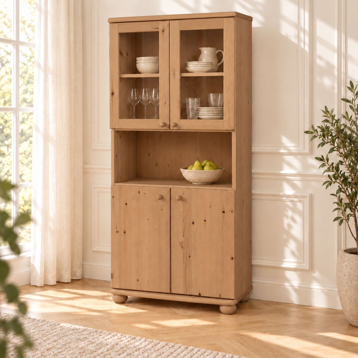Claudia Buffetschrank Vitrine aus Kiefer massiv | 4-türig | 100% Bio Massivholz