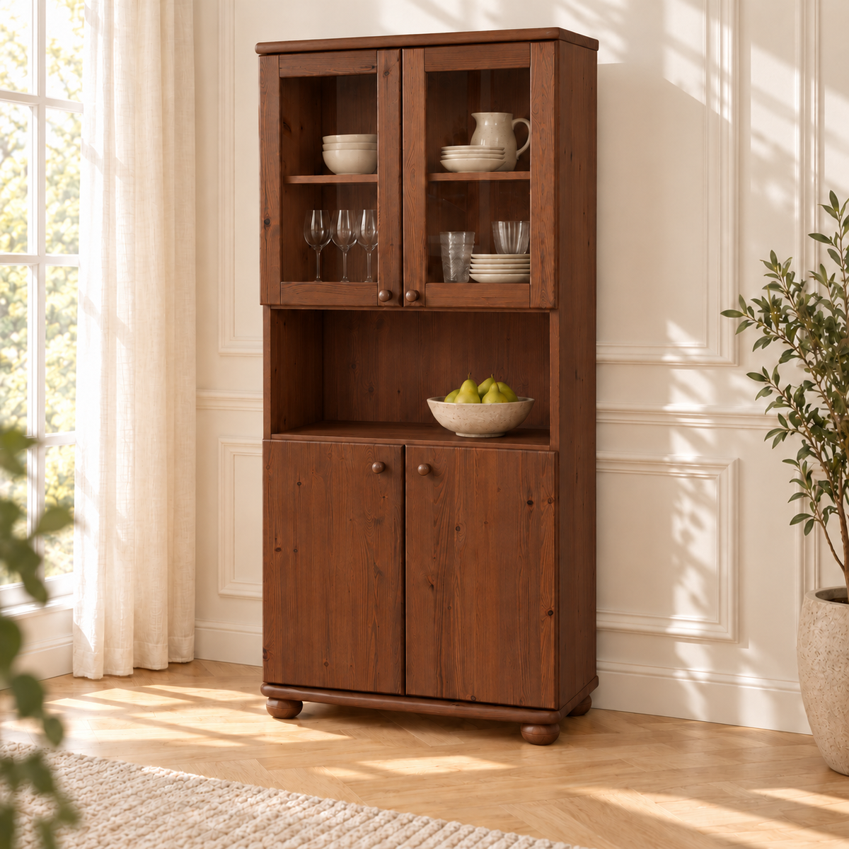 Claudia Buffetschrank Vitrine aus Kiefer massiv | 4-türig | 100% Bio Massivholz
