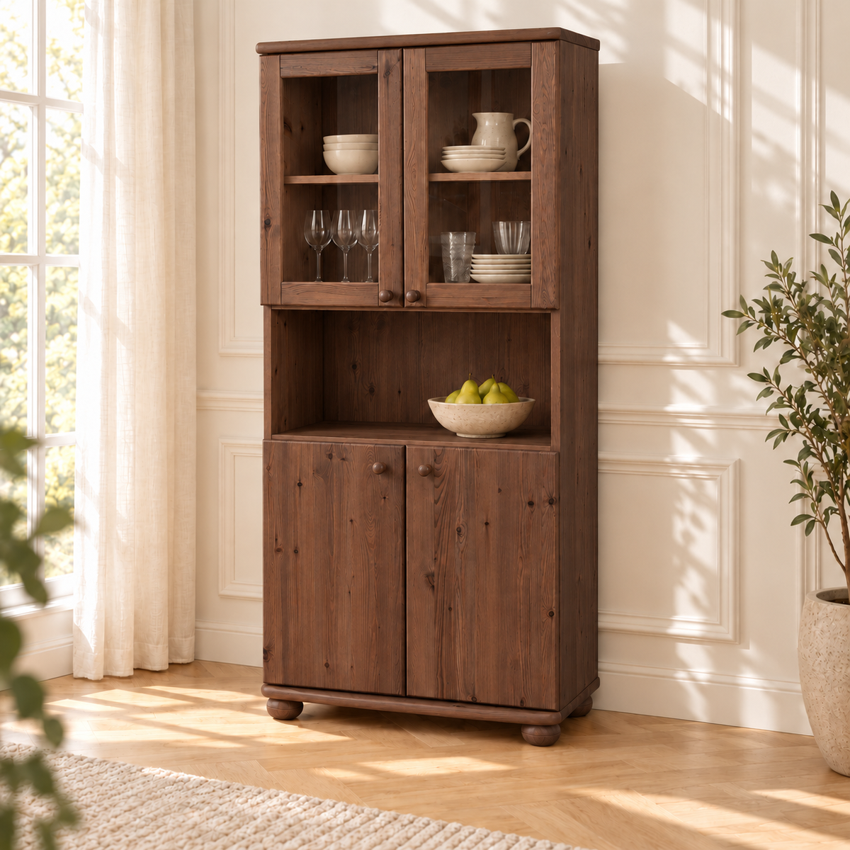 Claudia Buffetschrank Vitrine aus Kiefer massiv | 4-türig | 100% Bio Massivholz