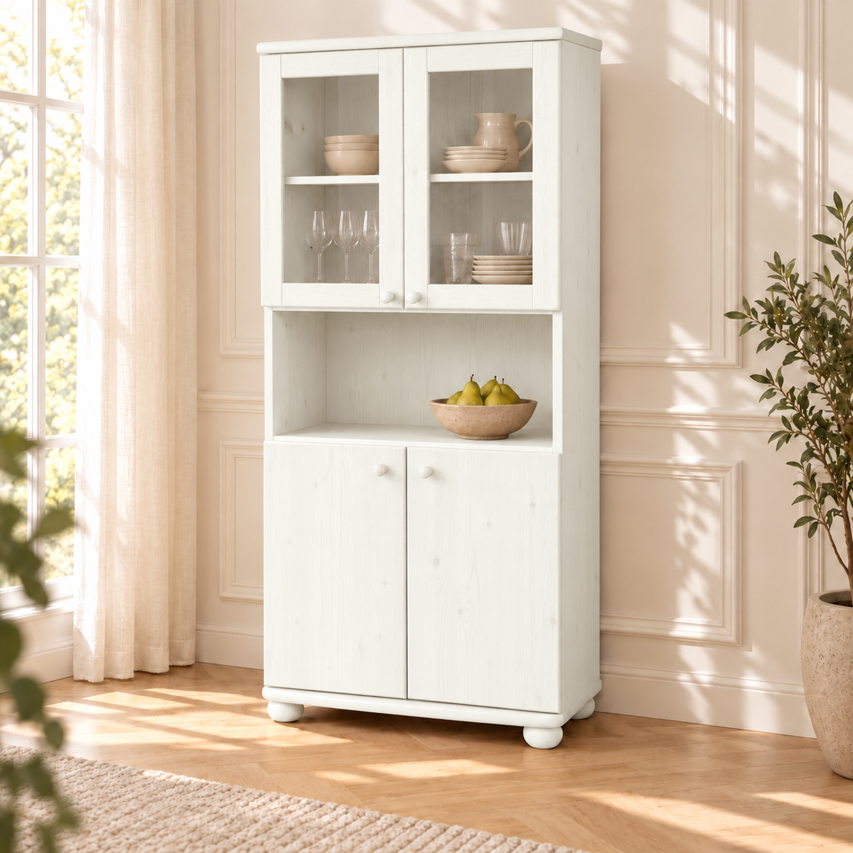 Claudia Buffetschrank Vitrine aus Kiefer massiv | 4-türig | 100% Bio Massivholz