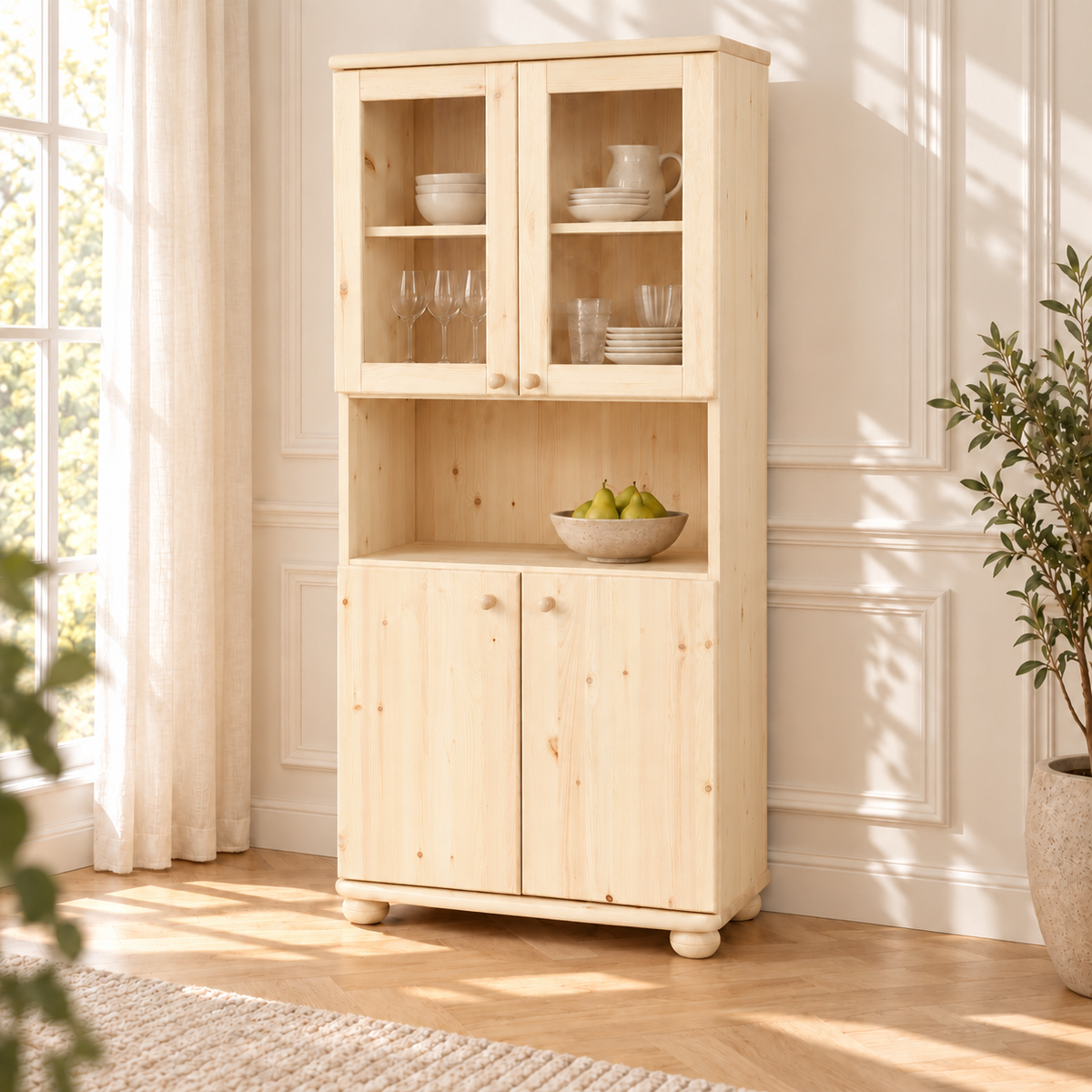 Claudia Buffetschrank Vitrine aus Kiefer massiv | 4-türig | 100% Bio Massivholz