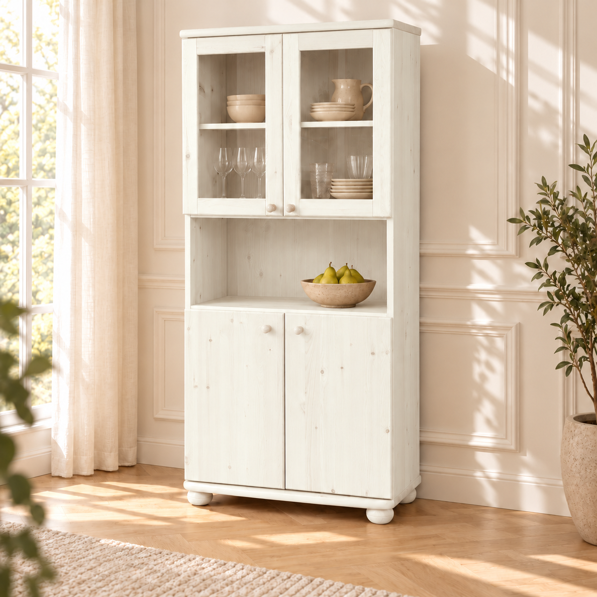 Claudia Buffetschrank Vitrine aus Kiefer massiv | 4-türig | 100% Bio Massivholz