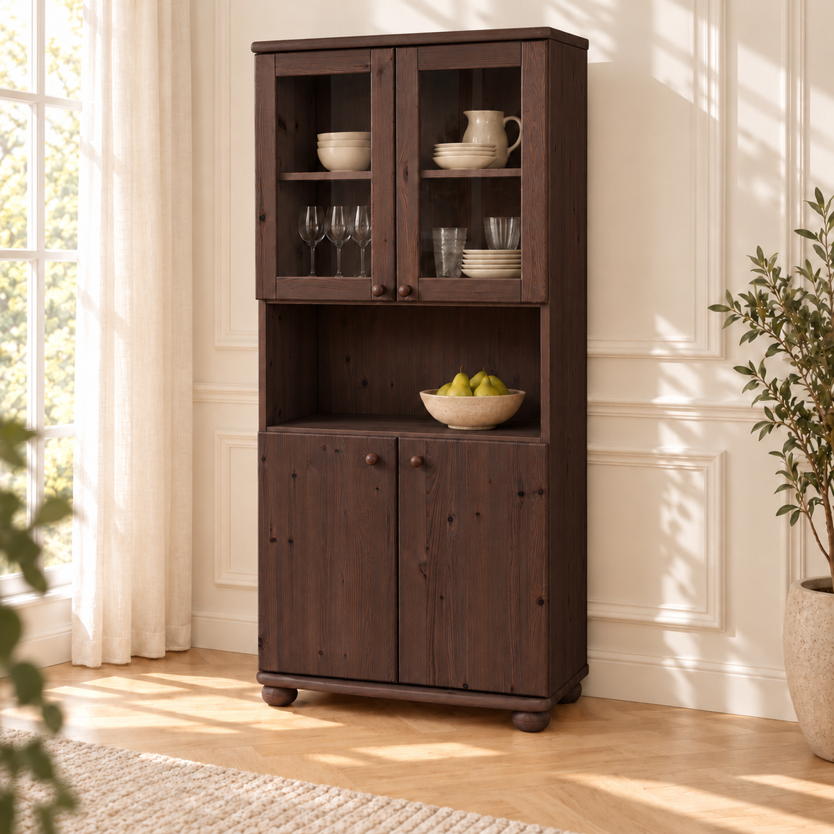 Claudia Buffetschrank Vitrine aus Kiefer massiv | 4-türig | 100% Bio Massivholz