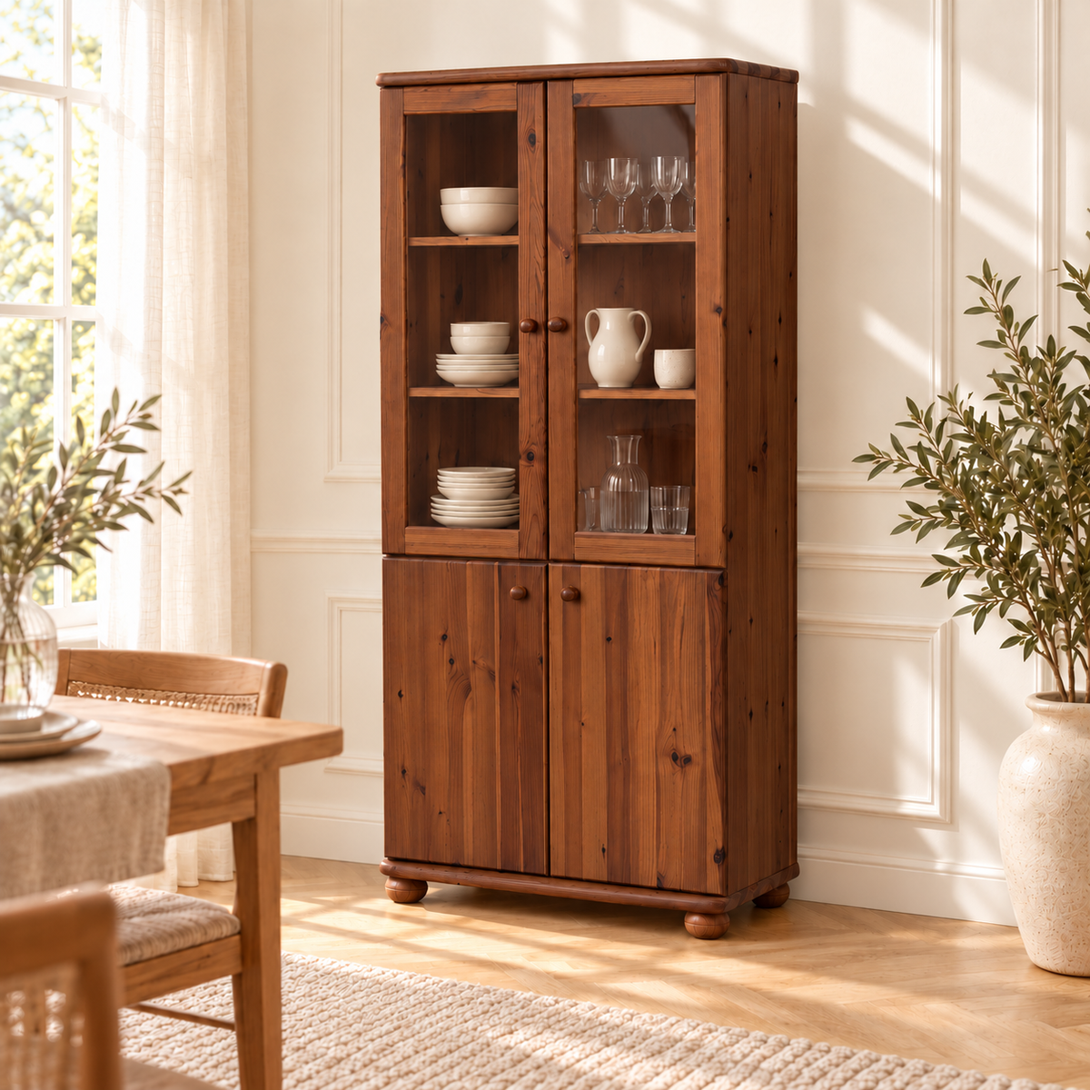Claudia Buffetschrank Massivholz Vitrine V.2 aus 100% Bio Kiefer | 4-Türig und umweltfreundlich