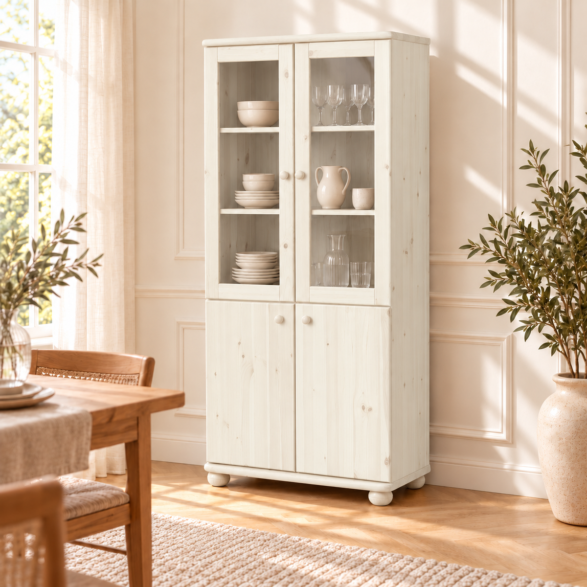 Claudia Buffetschrank Massivholz Vitrine V.2 aus 100% Bio Kiefer | 4-Türig und umweltfreundlich