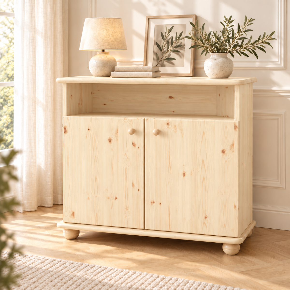 Claudia Kommode Sideboard aus 100% Bio Kiefer Massivholz | 2-Türig | 1 Regal