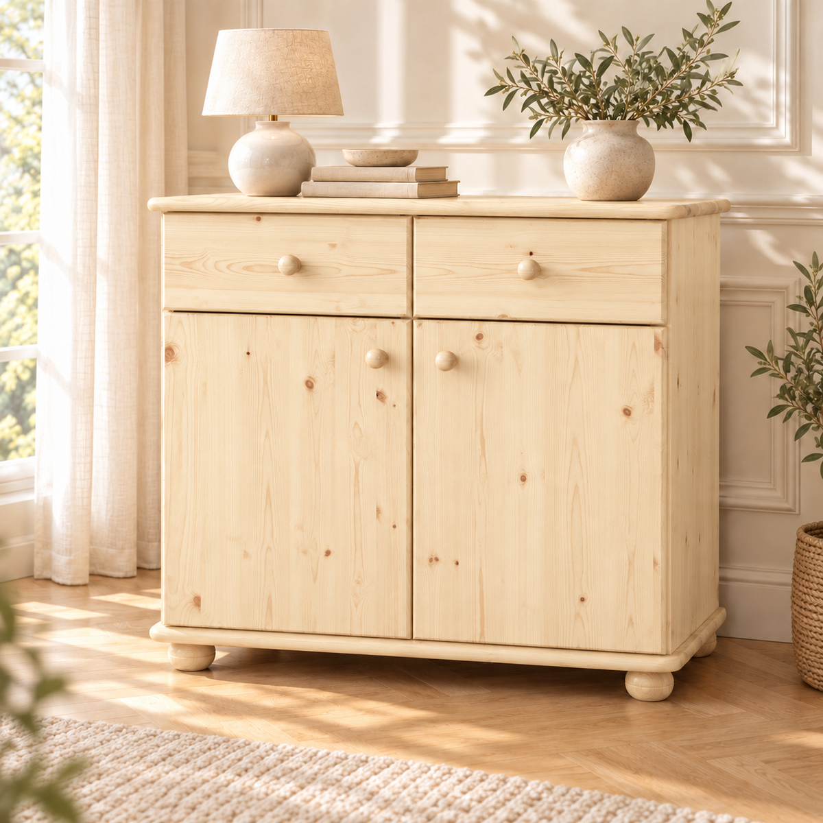 Claudia Kommode Bio Kiefer Massivholz | Sideboard Anrichte | 2-Türig mit 2-Schubladen