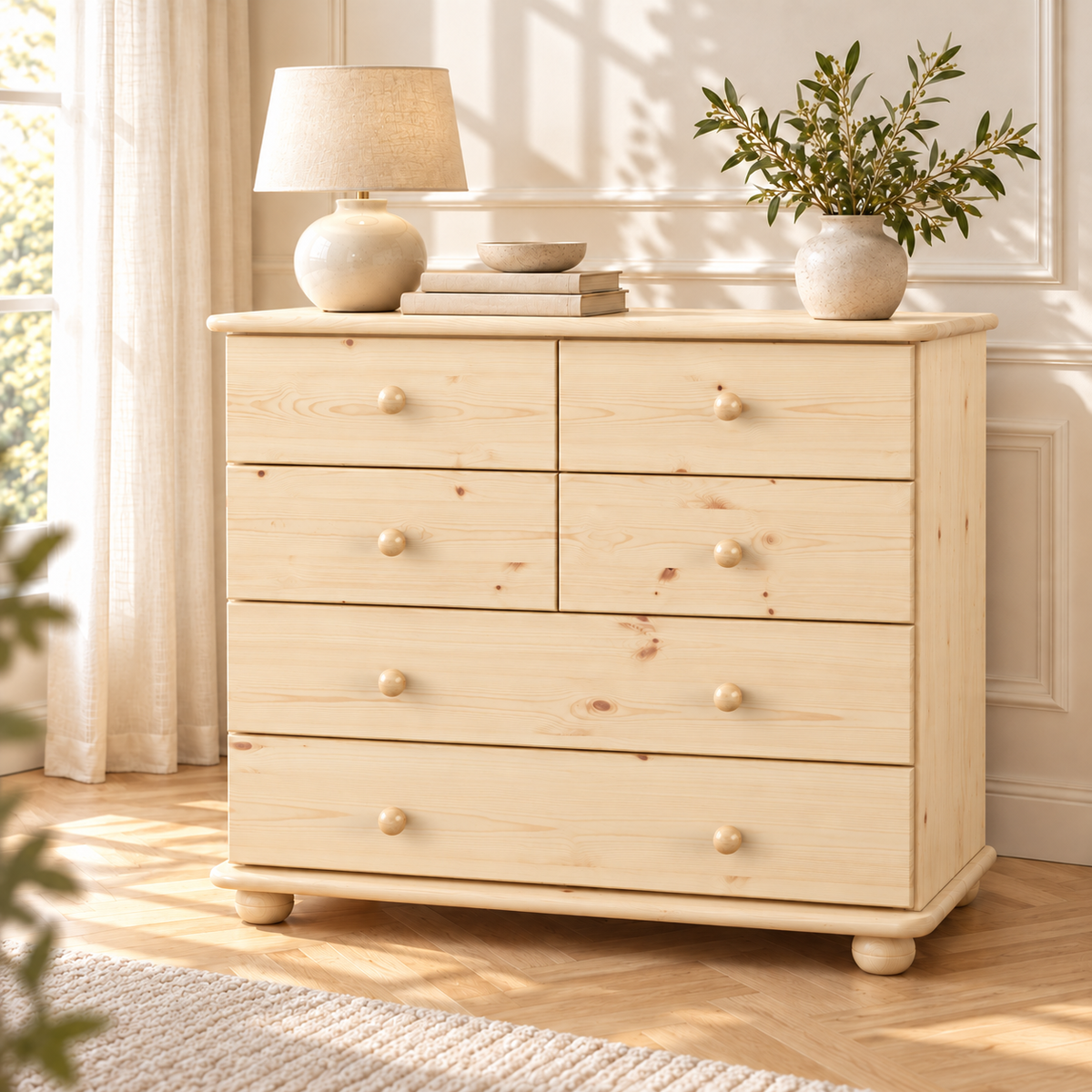 Claudia Kommode Bio Kiefer Massivholz | Sideboard mit 6 Schubladen | Anrichte aus 100% nachhaltigem Holz