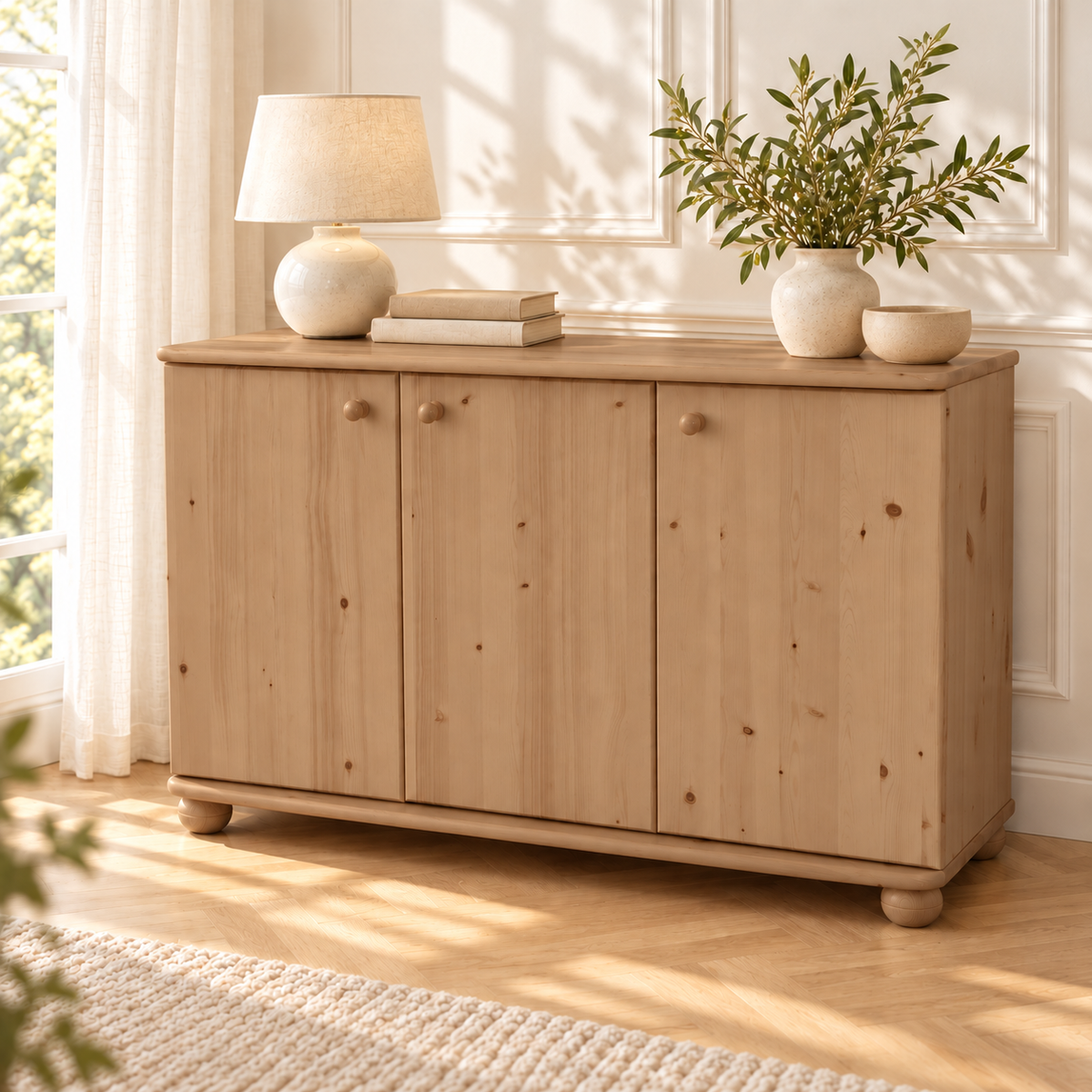 Claudia Kommode Bio Kiefer Massivholz | 3-Türig Sideboard mit 4-Regalfächern