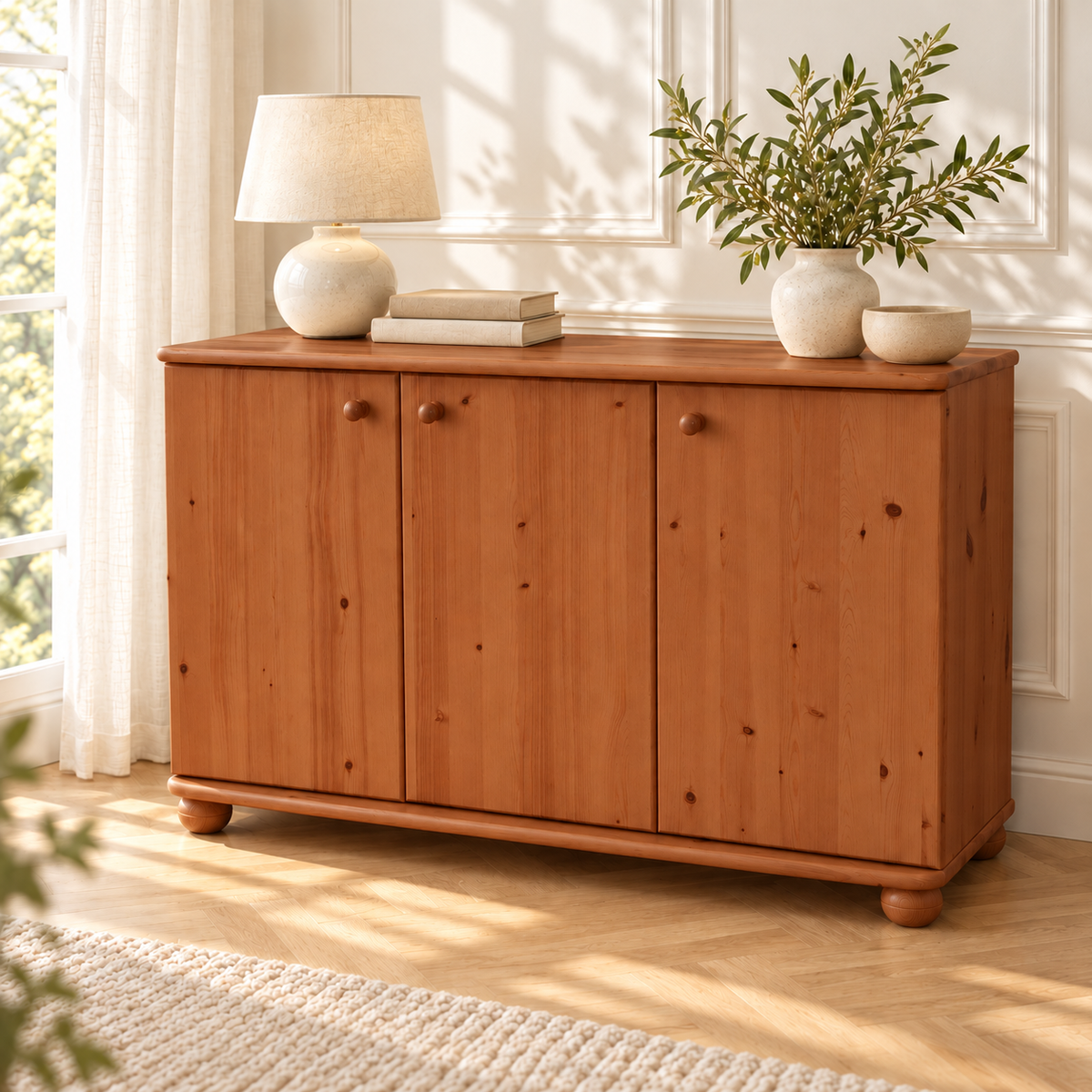 Claudia Kommode Bio Kiefer Massivholz | 3-Türig Sideboard mit 4-Regalfächern