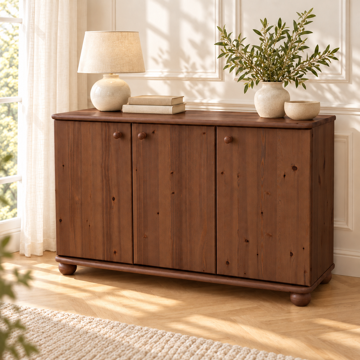 Claudia Kommode Bio Kiefer Massivholz | 3-Türig Sideboard mit 4-Regalfächern