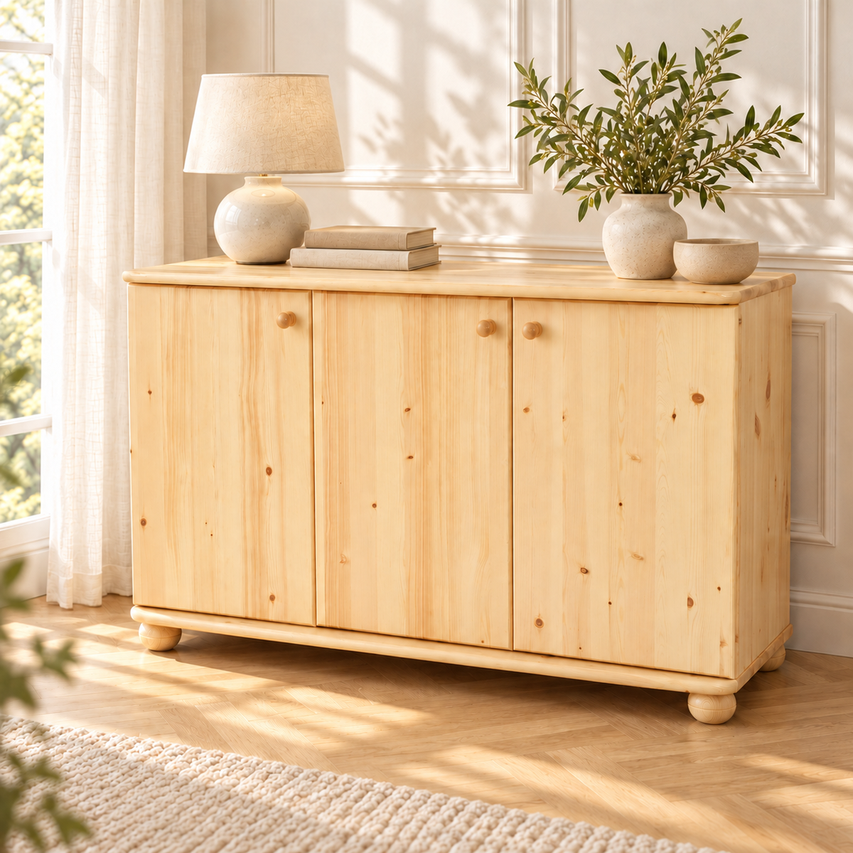 Claudia Kommode Bio Kiefer Massivholz | 3-Türig Sideboard mit 4-Regalfächern