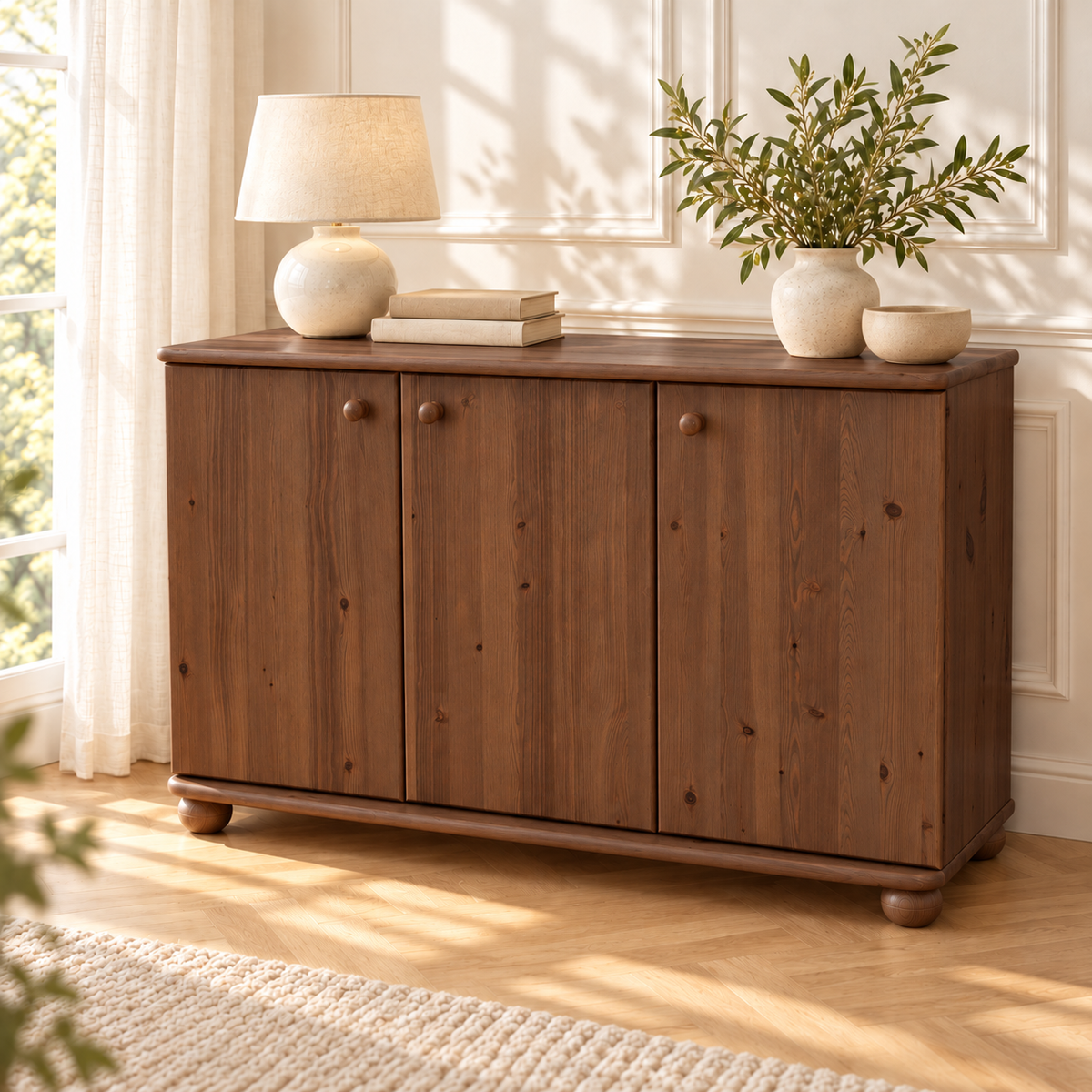 Claudia Kommode Bio Kiefer Massivholz | 3-Türig Sideboard mit 4-Regalfächern