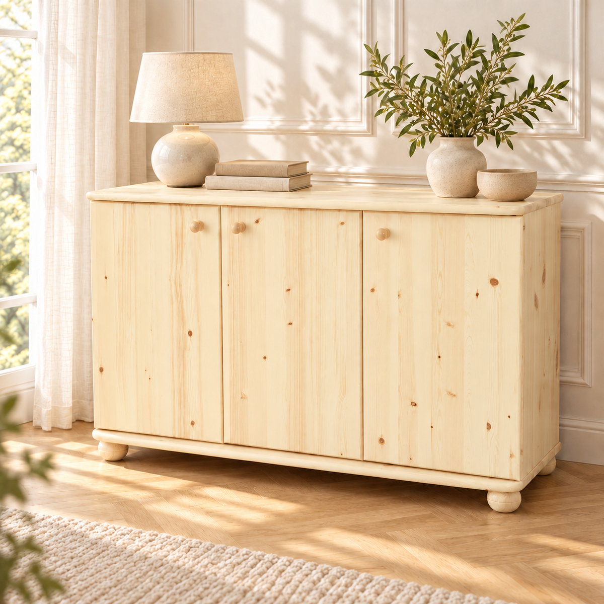 Claudia Kommode Bio Kiefer Massivholz | 3-Türig Sideboard mit 4-Regalfächern