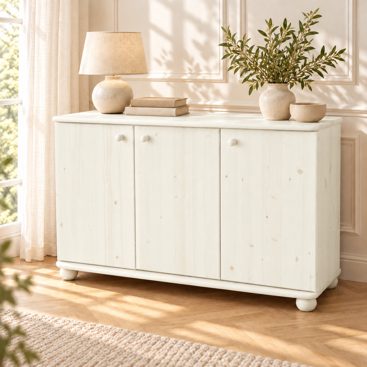 Claudia Kommode Bio Kiefer Massivholz | 3-Türig Sideboard mit 4-Regalfächern
