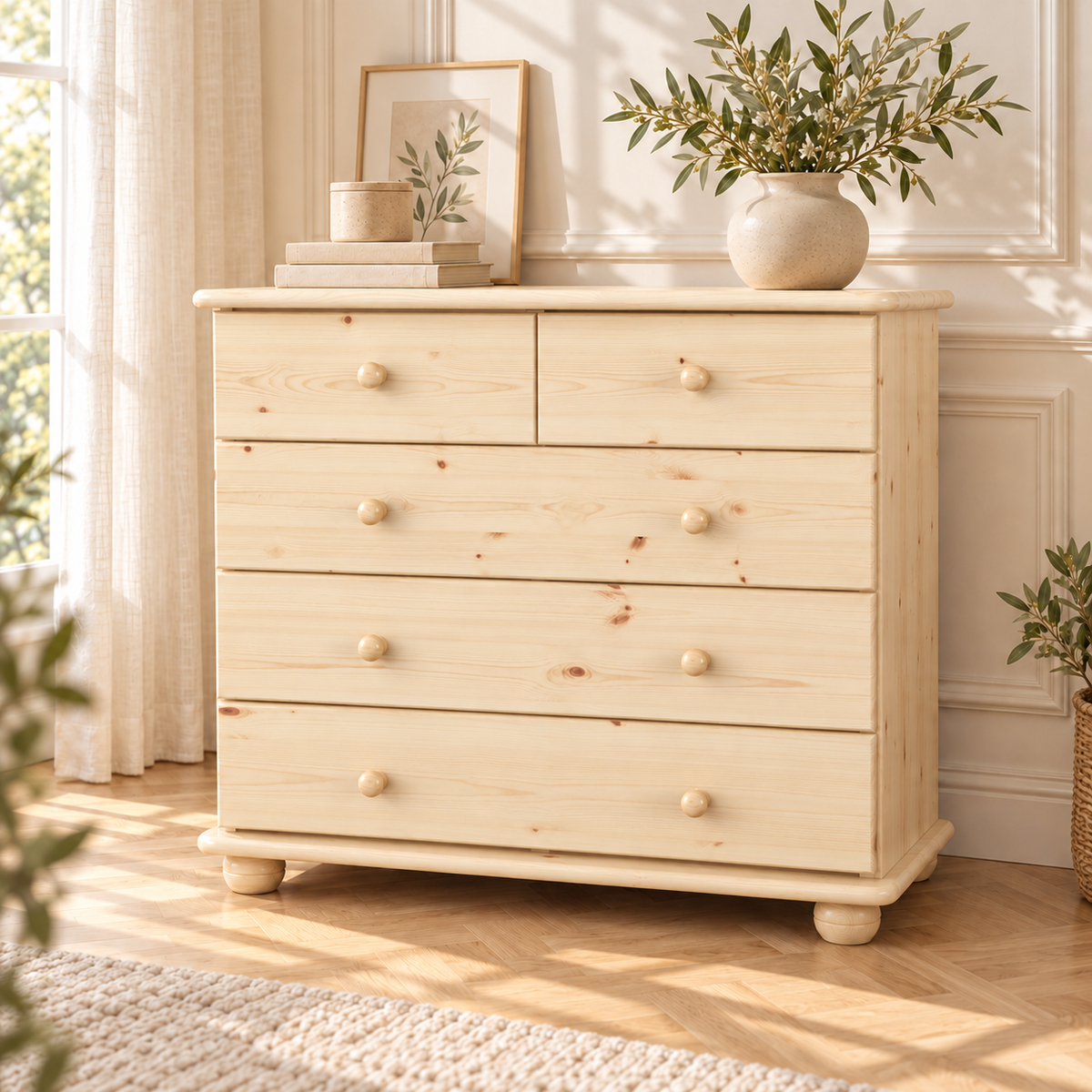 Claudia Kommode Bio Massivholz | Sideboard mit 3-XL Schubladen und 2 kleinen Schubladen