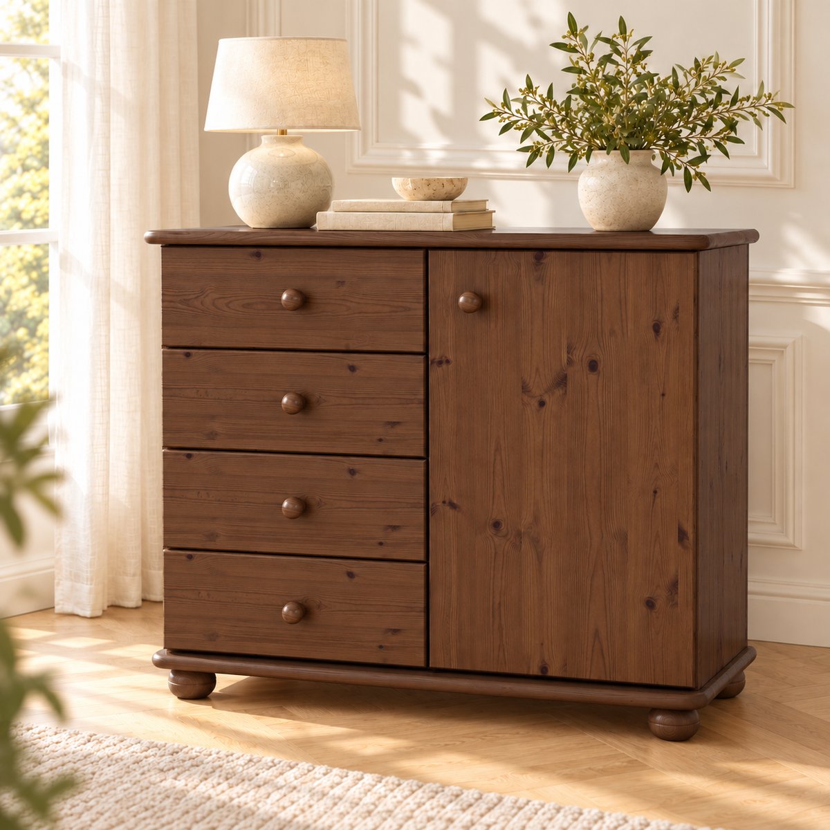 Claudia Kommode Bio Massivholz | 4-Schubladen 1-Türig Anrichte aus 100% Bio Massivholz