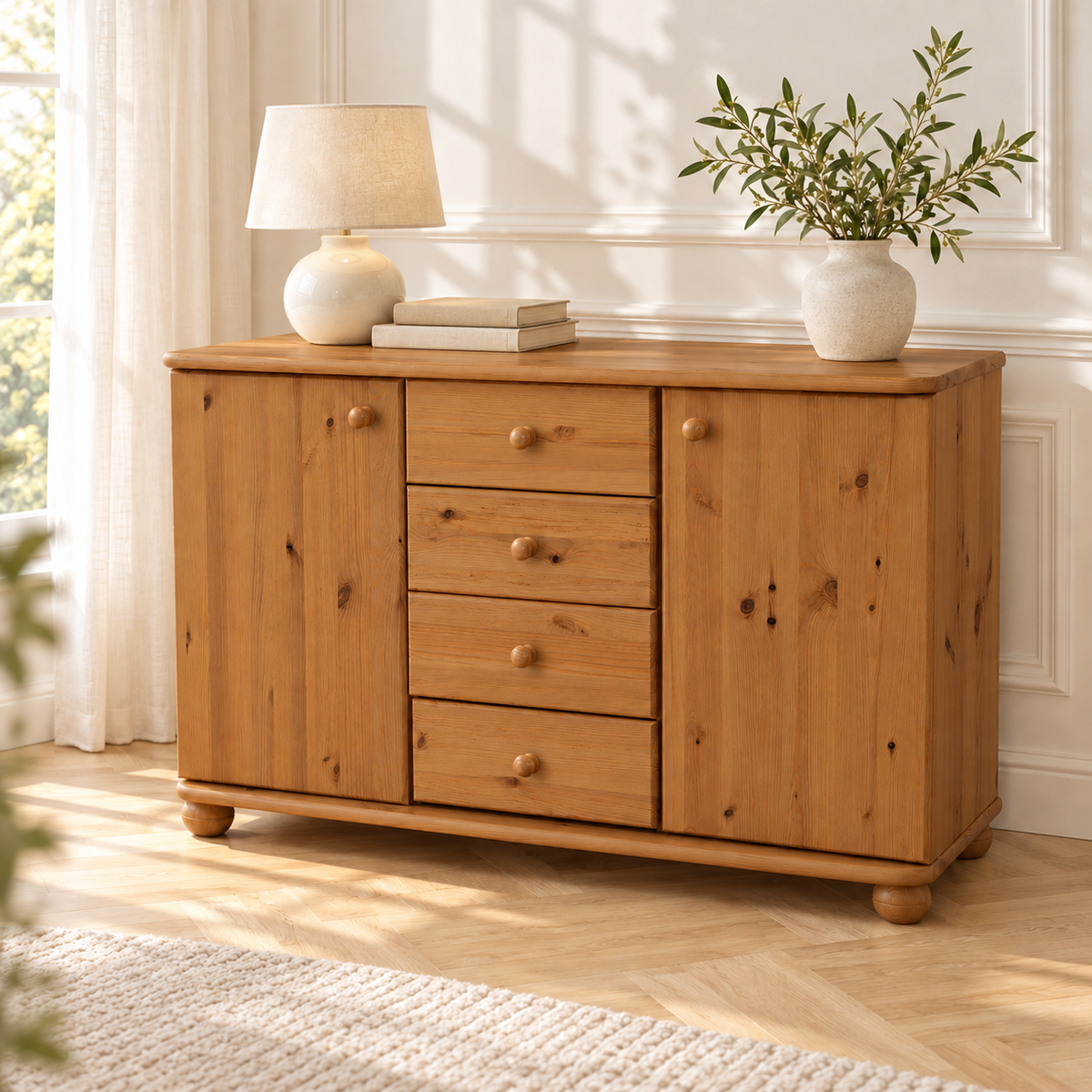 Claudia Kommode Bio Massivholz | Sideboard Anrichte mit 4 Schubladen und 2 Türen