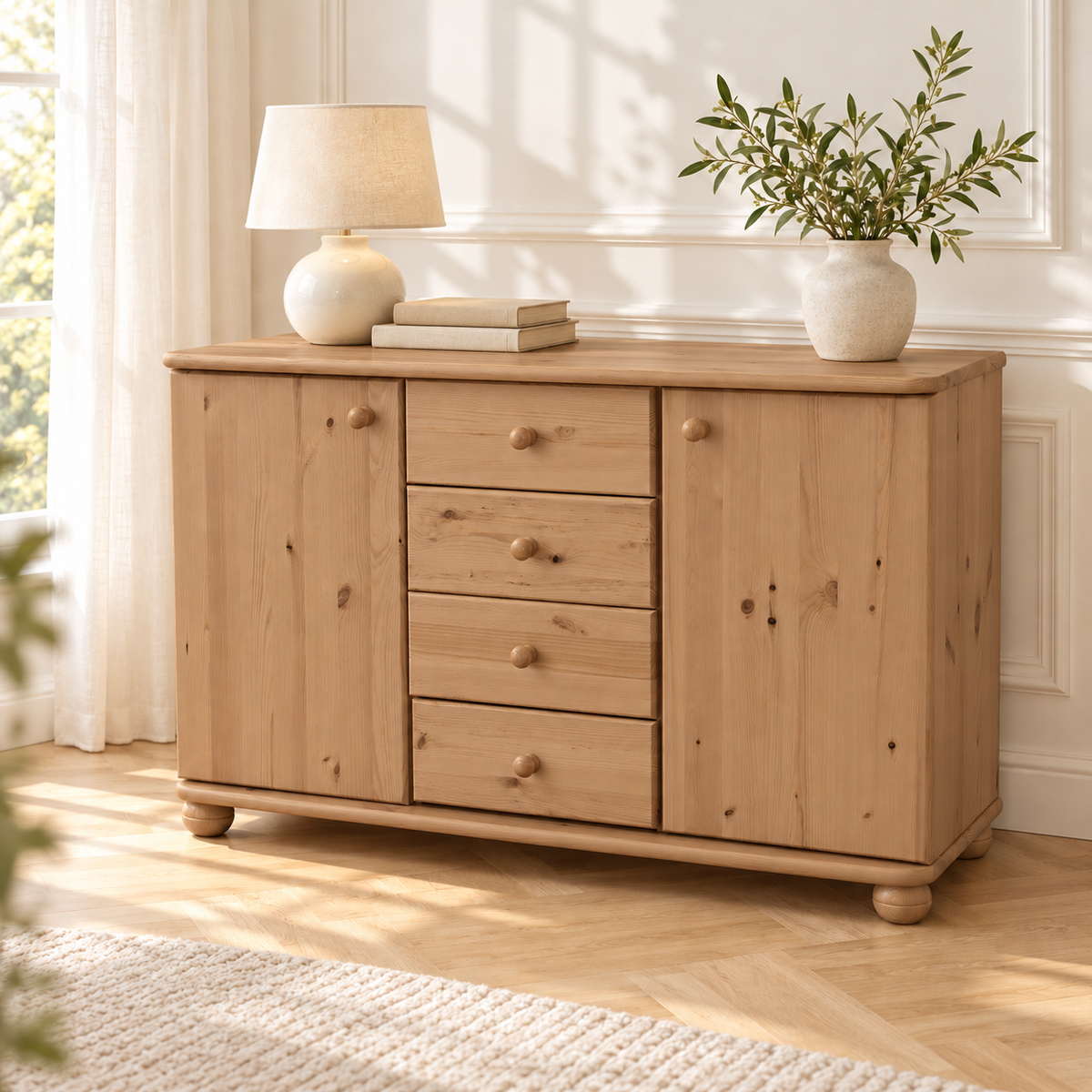 Claudia Kommode Bio Massivholz | Sideboard Anrichte mit 4 Schubladen und 2 Türen