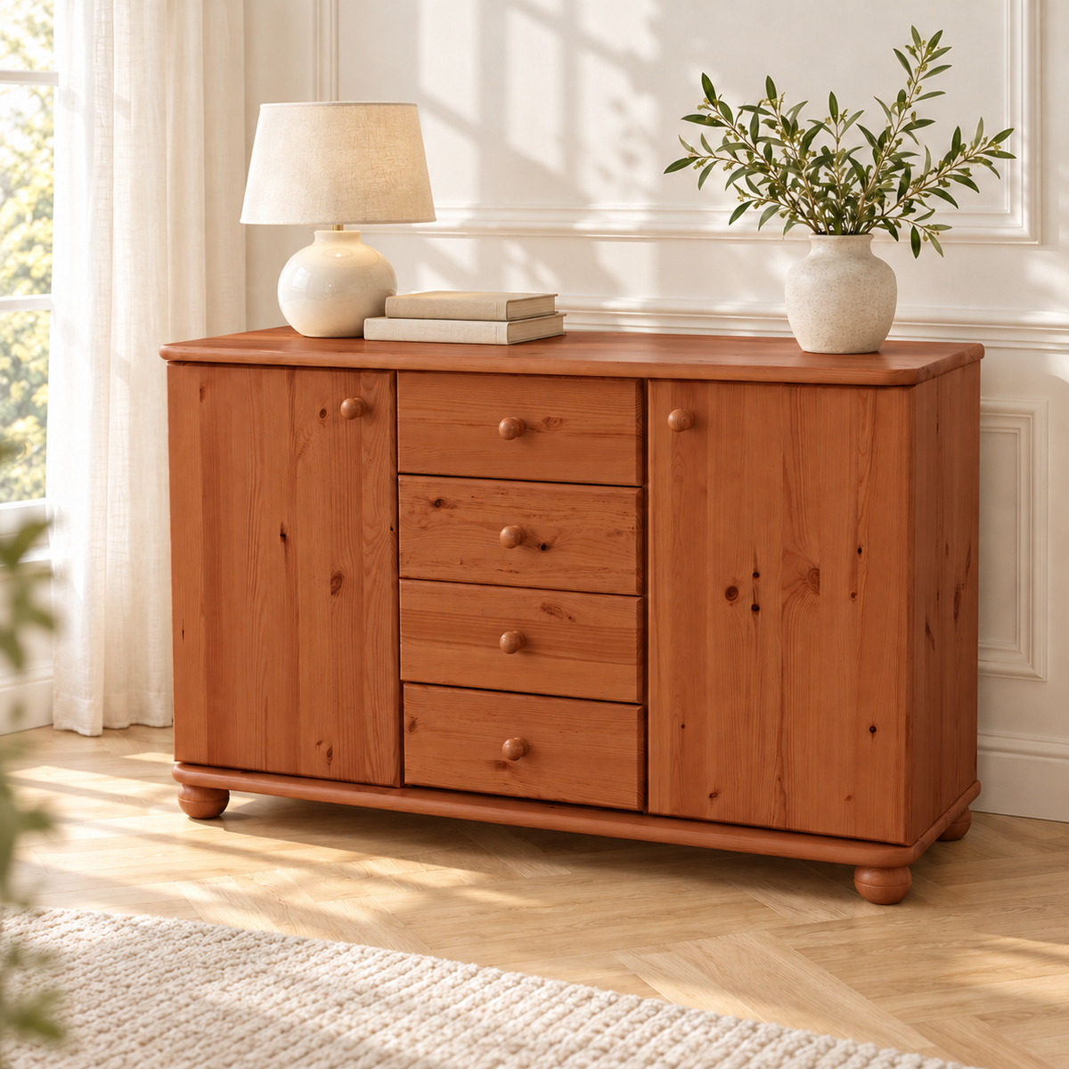 Claudia Kommode Bio Massivholz | Sideboard Anrichte mit 4 Schubladen und 2 Türen
