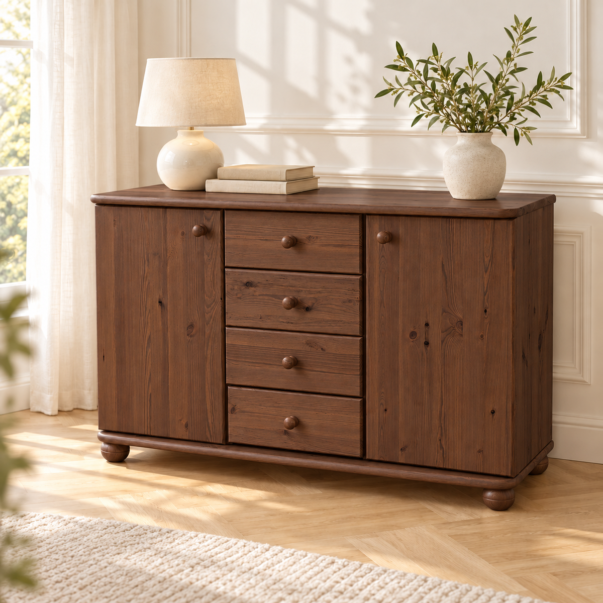 Claudia Kommode Bio Massivholz | Sideboard Anrichte mit 4 Schubladen und 2 Türen