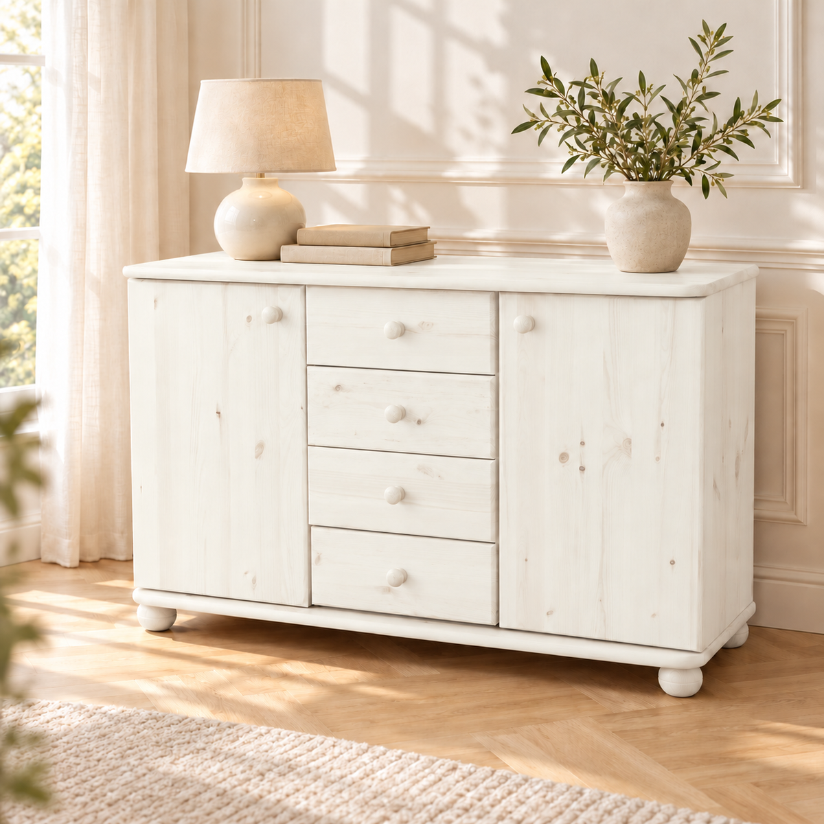 Claudia Kommode Bio Massivholz | Sideboard Anrichte mit 4 Schubladen und 2 Türen