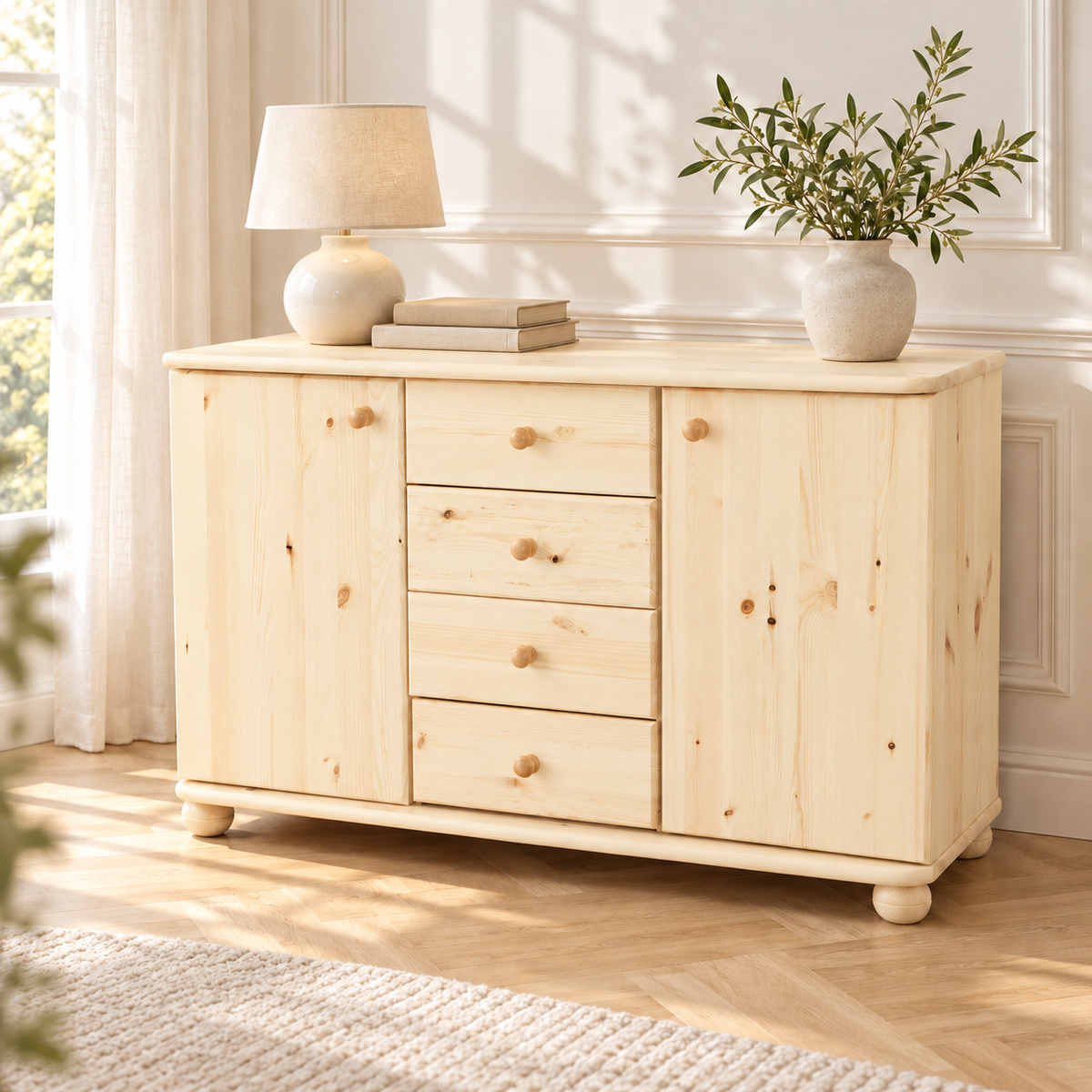 Claudia Kommode Bio Massivholz | Sideboard Anrichte mit 4 Schubladen und 2 Türen
