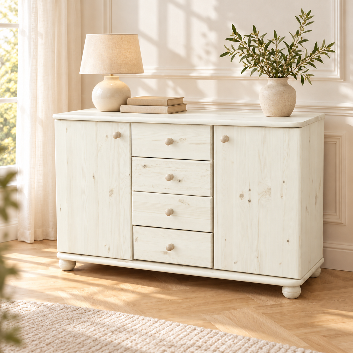 Claudia Kommode Bio Massivholz | Sideboard Anrichte mit 4 Schubladen und 2 Türen