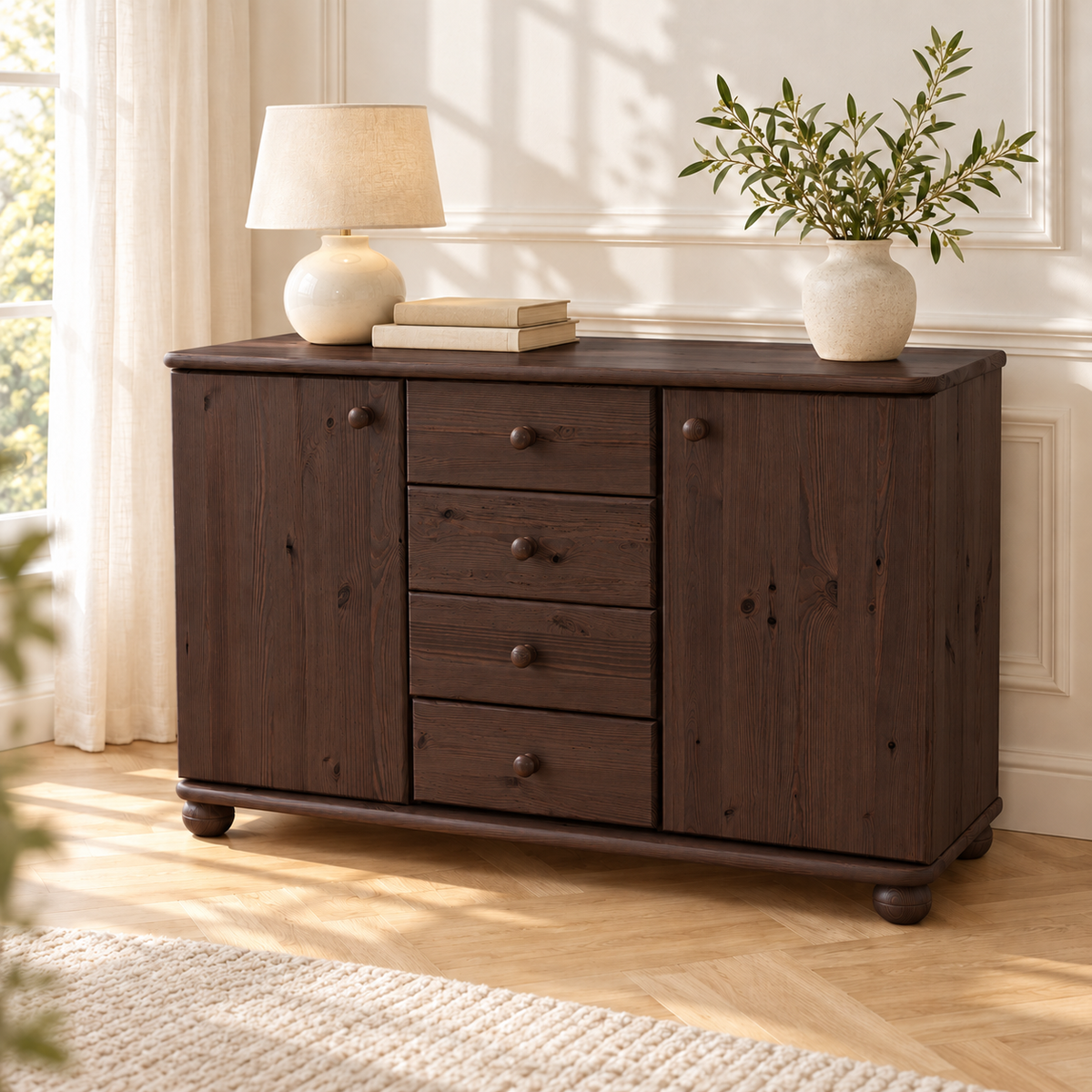 Claudia Kommode Bio Massivholz | Sideboard Anrichte mit 4 Schubladen und 2 Türen