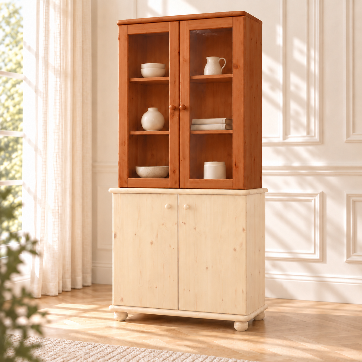 Claudia Oberschrank Bio Kiefer | Glastüre | 2-Türig | 100% Massivholz