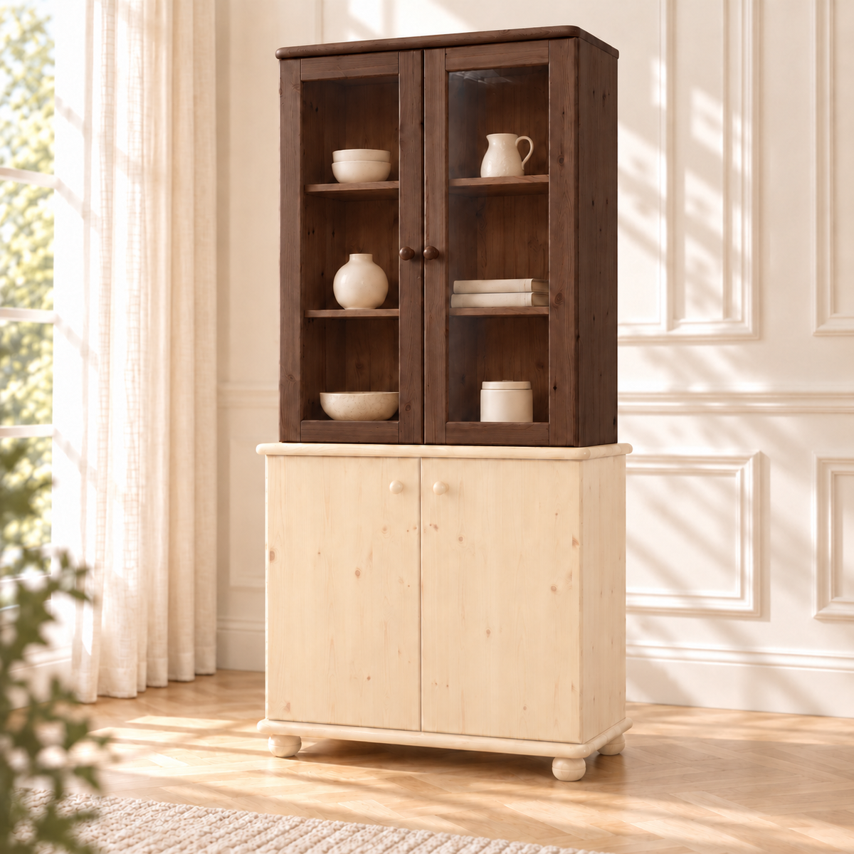 Claudia Oberschrank Bio Kiefer | Glastüre | 2-Türig | 100% Massivholz