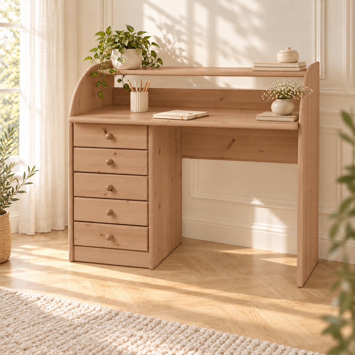 Claudia Schreibtisch 5 Schubladen Massivholz - Bürotisch aus 100% Bio-Kiefer