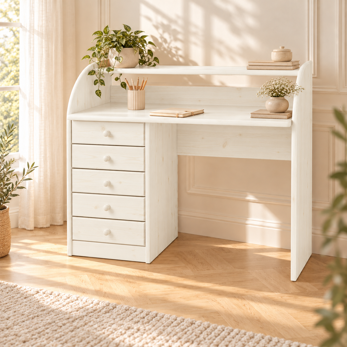 Claudia Schreibtisch 5 Schubladen Massivholz - Bürotisch aus 100% Bio-Kiefer