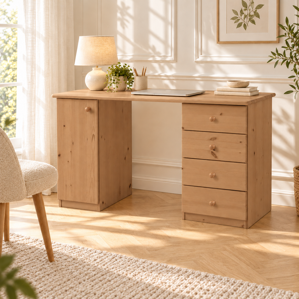 Claudia Schreibtisch Bio Kieferholz | Bürotisch 1-Türig mit 4 Schubladen aus 100% massivem Holz