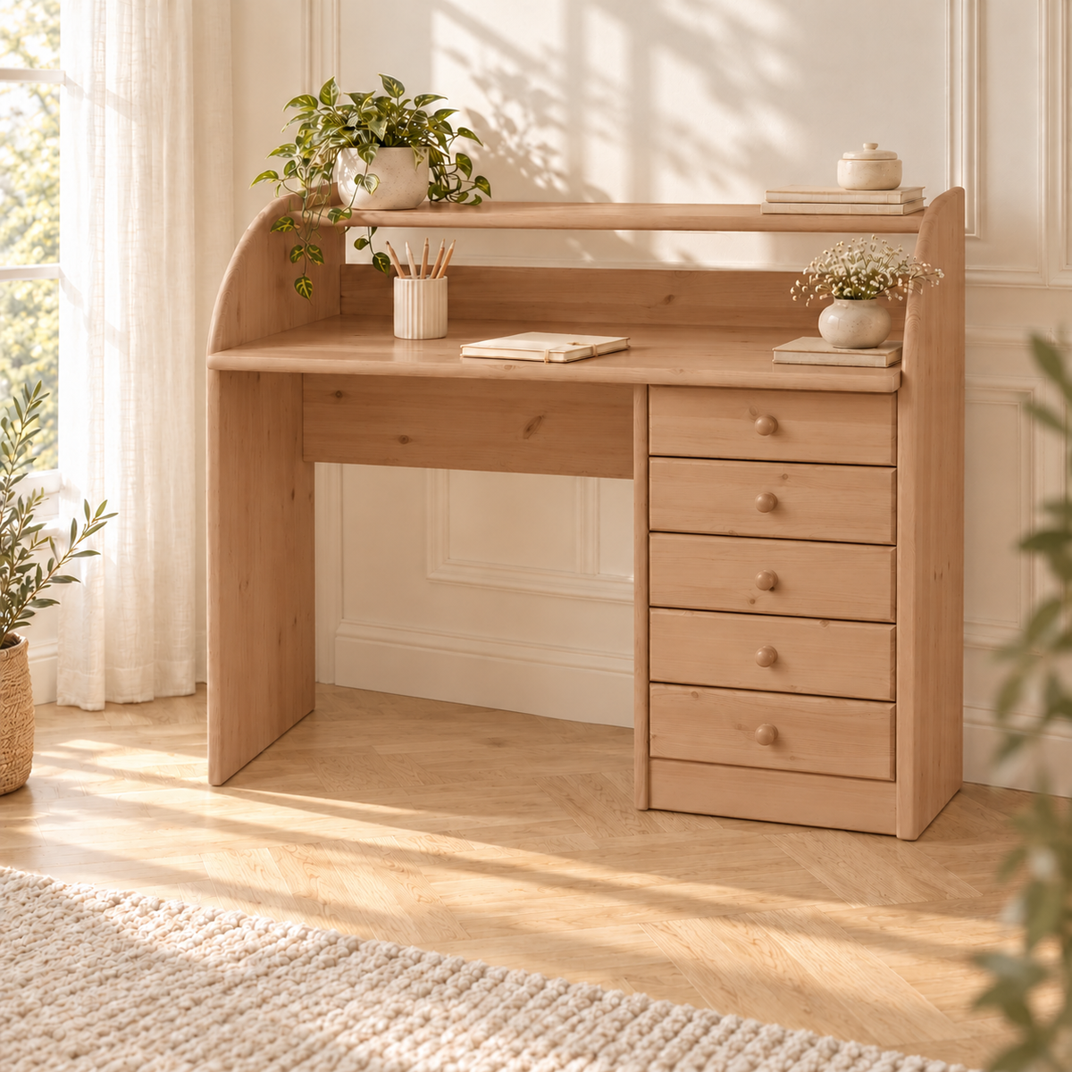 Claudia Schreibtisch 5 Schubladen Massivholz - Bürotisch aus 100% Bio-Kiefer