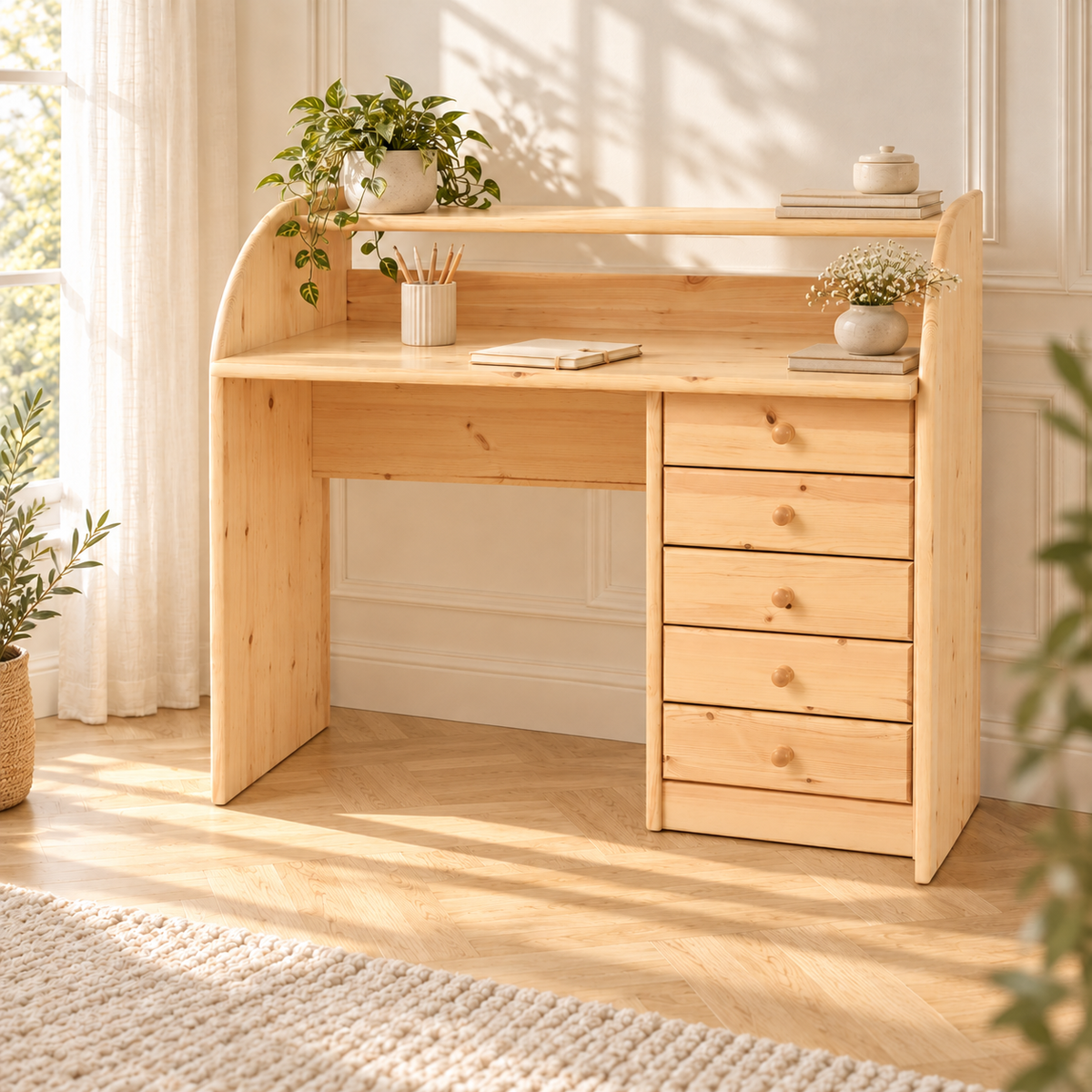 Claudia Schreibtisch 5 Schubladen Massivholz - Bürotisch aus 100% Bio-Kiefer