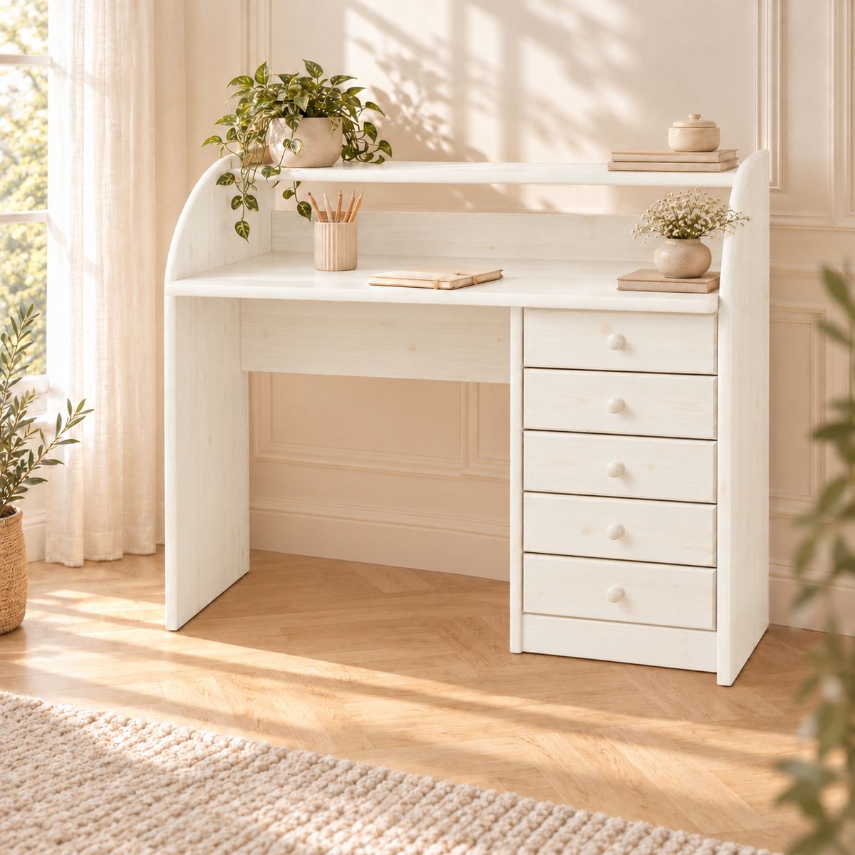 Claudia Schreibtisch 5 Schubladen Massivholz - Bürotisch aus 100% Bio-Kiefer