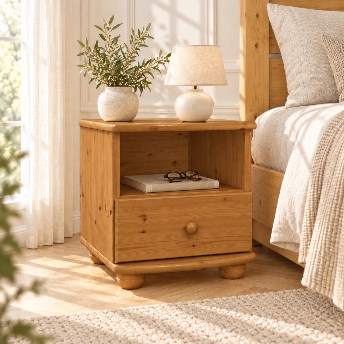 Claudia Kiefer Nachttisch Massivholz mit 1-Schublade und 1 Regal | 100% Bio Kiefer