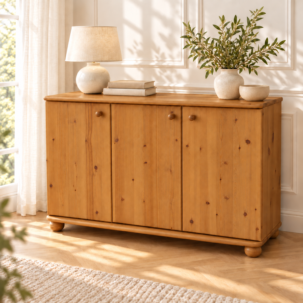 Claudia Kommode Bio Kiefer Massivholz | 3-Türig Sideboard mit 4-Regalfächern