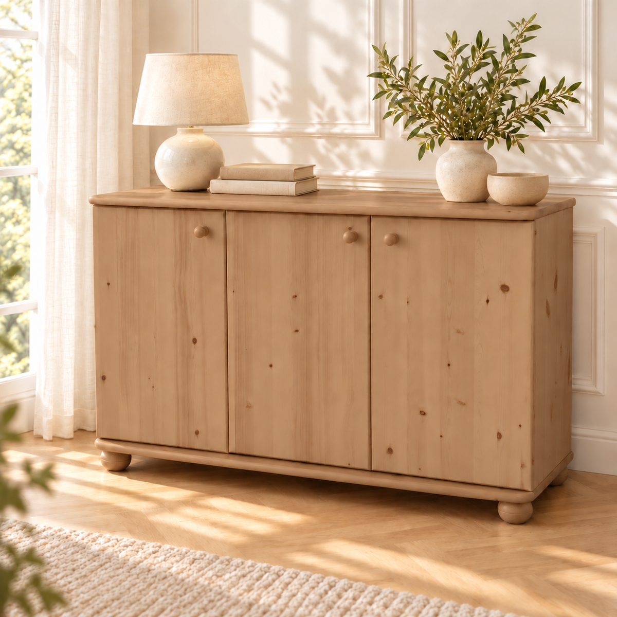 Claudia Kommode Bio Kiefer Massivholz | 3-Türig Sideboard mit 4-Regalfächern
