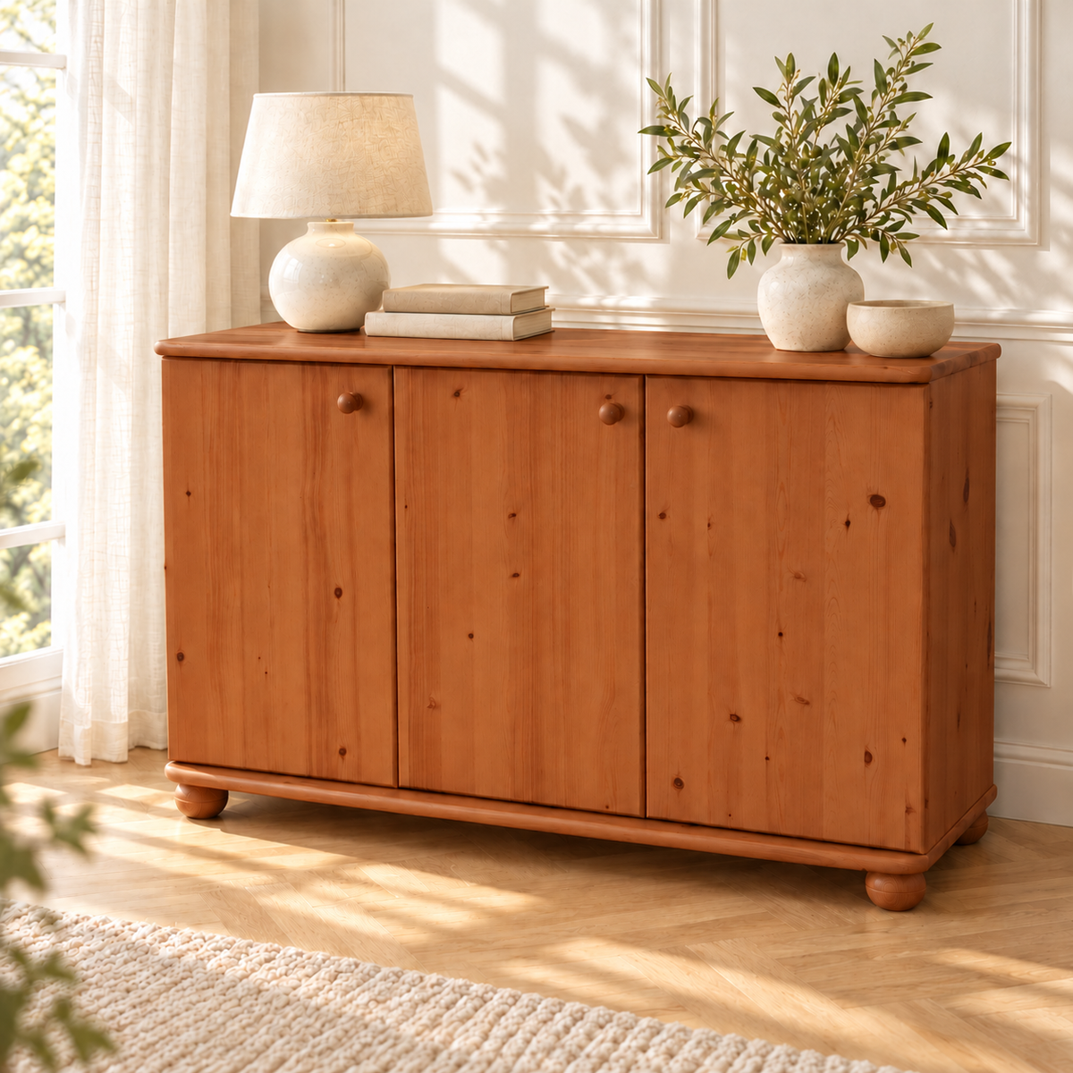 Claudia Kommode Bio Kiefer Massivholz | 3-Türig Sideboard mit 4-Regalfächern