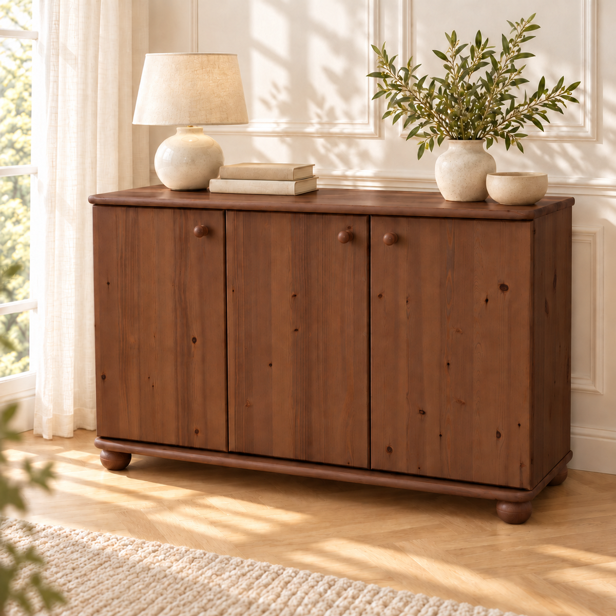 Claudia Kommode Bio Kiefer Massivholz | 3-Türig Sideboard mit 4-Regalfächern